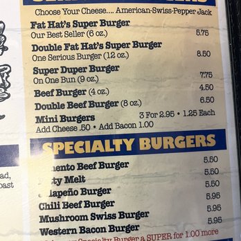Fat Hat's Grill - a menu for a fast food restaurant - Burgers Near Me - Sweetwater, Tennessee Fat Hat's Grill - a menu for a fast food restaurant - Burgers Near Me - Sweetwater, Tennessee