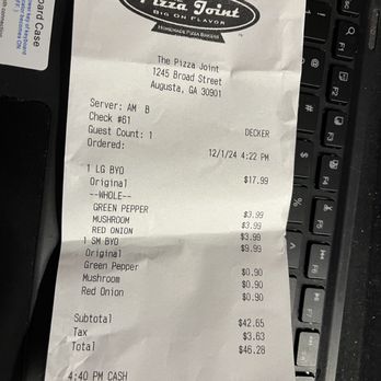 Pizza Joint - $3.99 for each topping ordered!
Prices are rediculous. - Pizza Near Me - Augusta, Georgia Pizza Joint - $3.99 for each topping ordered!
Prices are rediculous. - Pizza Near Me - Augusta, Georgia