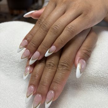 Nails Max - Acrylic nails - white French tips w/ touch of gold - Nail Salons Near Me - San Dimas, California Nails Max - Acrylic nails - white French tips w/ touch of gold - Nail Salons Near Me - San Dimas, California