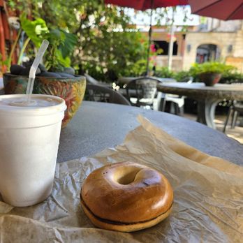 Schmagel's Bagels - Bagel and iced coffee with the gorgeous outdoor view - Bagels Near Me - Saint Augustine, Florida