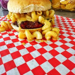 K & L Country BBQ - Smoked Brisket Burger Loaded with smoked Mac and cheese