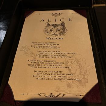 Alice - The menu (front) - Cocktail Bars Near Me - Omaha, Nebraska