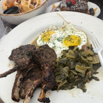 Taste Bar + Kitchen - Jerk Lamb Chops & Eggs, collard greens, peach cobbler waffles, pecan praline waffles, bread pudding. - Cocktail Bars Near Me - Houston, Texas Taste Bar + Kitchen - Jerk Lamb Chops & Eggs, collard greens, peach cobbler waffles, pecan praline waffles, bread pudding. - Cocktail Bars Near Me - Houston, Texas