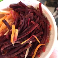 Seasonal veggies.. what happened to cauliflower, broccoli and beans? This is shaved beets and carrots and some mystery veggie.