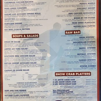 Riptides Raw Bar & Grill - Menu board from Riptides Raw Bar & Grill featuring sections for starters, soups, salads, and seafood platters, with prices and descriptions. - Seafood Near Me - Ormond Beach, Florida