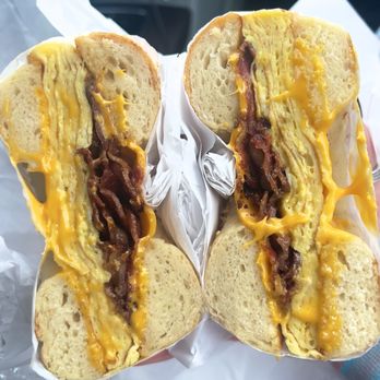Mimi's Bagel Deli - Classic Bacon, Egg and cheese sandwich on sesame seed bagel. - Bagels Near Me - Bend, Oregon Mimi's Bagel Deli - Classic Bacon, Egg and cheese sandwich on sesame seed bagel. - Bagels Near Me - Bend, Oregon