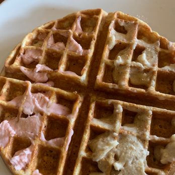 Dame's Chicken & Waffles - Sweet Potato Wafflewith Strawberry-Creme and vanilla almond shmears - Southern Near Me - Durham, North Carolina