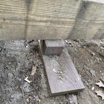 KnK Luxury Development - The image shows a wooden fence post resting on a concrete block and a brick, which are placed on dirt ground. The ground is covered with dried leaves, small twigs, and scattered debris. The fence post appears weathered, with visible grain and some dirt on its surface. The concrete block and brick are used to stabilize the fence post, and the scene is outdoors with natural soil and organic material surrounding the base. - Landscaping Near Me - Norwood, Massachusetts