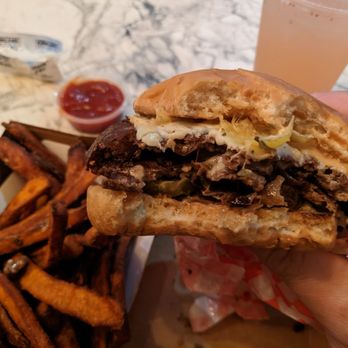 Spread Please - Hickory Burger combo with sweet potato fries and a strawberry lemonade - Burgers Near Me - El Segundo, California Spread Please - Hickory Burger combo with sweet potato fries and a strawberry lemonade - Burgers Near Me - El Segundo, California