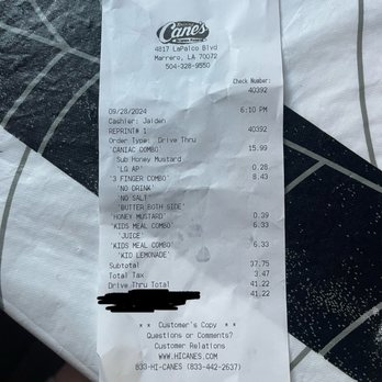 Raising Cane's Chicken Fingers - Receipt - Fast Food Near Me - Marrero, Louisiana Raising Cane's Chicken Fingers - Receipt - Fast Food Near Me - Marrero, Louisiana