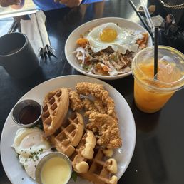 Chicken & Waffle Benedict and Chilaquiles