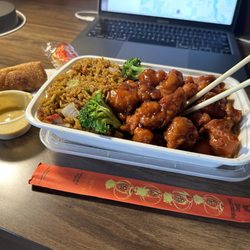 New China - General Tso's chicken (medium spicy) with rice and an egg roll. Take note of the real hot mustard!!!