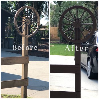 Mr and Mrs Freddie Fix It - Fence post before & after. Homeowners wanted to paint their fence to match their house. - Handyman Near Me - Melbourne, Florida Mr and Mrs Freddie Fix It - Fence post before & after. Homeowners wanted to paint their fence to match their house. - Handyman Near Me - Melbourne, Florida