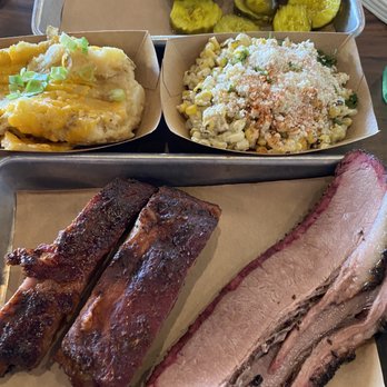 Feges BBQ - 1/4 lb brisket and 1/4 lb ribs w/ 'elote salad' and 'loaded potato mash'. Sides weren't all that.Ribs were the best, although not very meaty - Barbeque Near Me - Houston, Texas