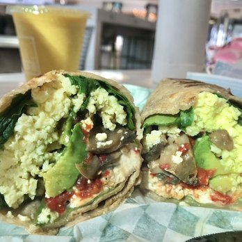Freshii - Spinach, Mushroom & Cheese Breakfast Burrito~ Green spinach, mushrooms, goat cheese, perfectly ripened avocado! Bit watery, but decent. - New American Near Me - Sacramento, California