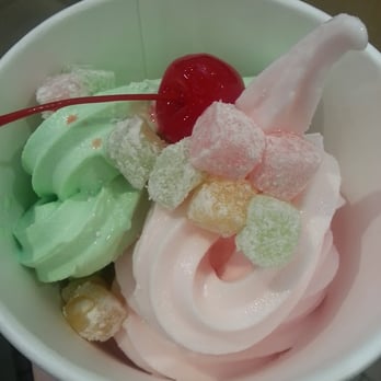 Menchie's Frozen Yogurt - Sweet Pink Lemonade and Irish Mint with Mochi and a Cherry - Ice Cream & Frozen Yogurt Near Me - Livermore, California