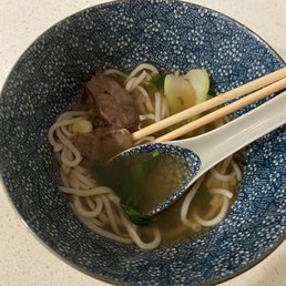 Takeout Beef Hand-pull Noodle, plated (my own bowl/utensils) Takeout Beef Hand-pull Noodle, plated (my own bowl/utensils)