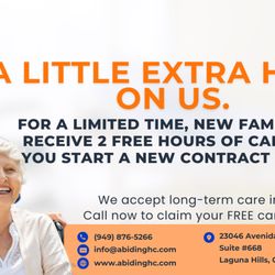 Abiding Home Care - For a limited time only:
Valid: Today 12/29 - 1/10/26
For new clients only
New contract at least 40 hours per week