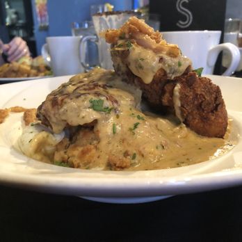 Scratch Kitchen & Cocktails - chicken fried biscuit topped w maple chipotle gravy & shoestring onions. It's delicious & flavorful. February 2019. - New American Near Me - Norman, Oklahoma