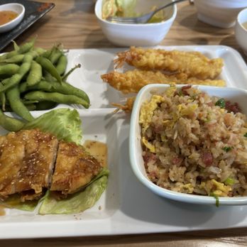 Kobe Japanese Steakhouse - This is the sesame chicken and tempura shrimp, bacon fried rice and edamame. - Sushi Bars Near Me - Sonora, California