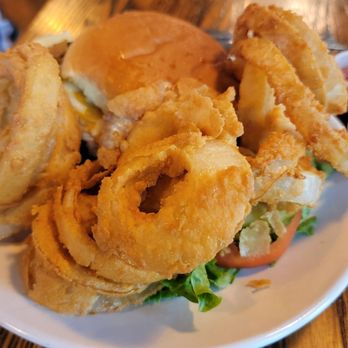 Freight Yard Pub & Restaurant - Black diamond burger with onion rings - American Near Me - North Adams, Massachusetts Freight Yard Pub & Restaurant - Black diamond burger with onion rings - American Near Me - North Adams, Massachusetts