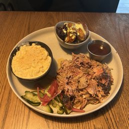 Pulled pork meal with Mac and Cheese and Pee Wee Potatoes