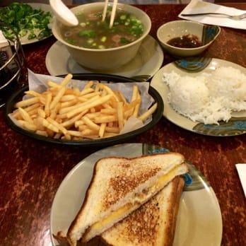 Asahi Grill - Top: Oxtail Soup (med) w/fresh grn onions, cilantro, & ginger/shoyu; Middle/Bottom: Grilled Cheese Sand & Fries (extra crispy) - Breakfast & Brunch Near Me - Honolulu, Hawaii