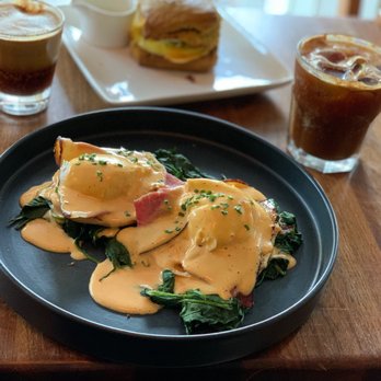 Slipstream - Egg Benedict with VA smoked ham special, espresso tonic right, sweater weather (tahini/spices) left. Fall breakfast sandwich in the back. - Coffee & Tea Near Me - Washington, DC, District of Columbia Slipstream - Egg Benedict with VA smoked ham special, espresso tonic right, sweater weather (tahini/spices) left. Fall breakfast sandwich in the back. - Coffee & Tea Near Me - Washington, DC, District of Columbia