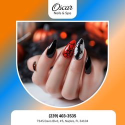 Oscar Nails & Spa LLC - Elegant webs and rich tones transform nails into a Halloween masterpiece. Step into spooky elegance. Book today