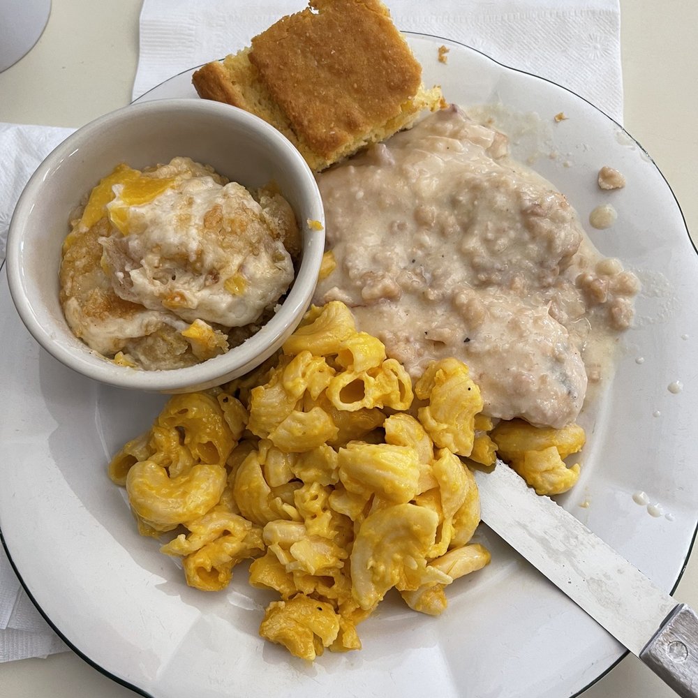 The Depot - Chicken with gravy, mac and cheese , cornbread and peach cobbler. Loved the peach cobbler - American Near Me - Shelby, North Carolina The Depot - Chicken with gravy, mac and cheese , cornbread and peach cobbler. Loved the peach cobbler - American Near Me - Shelby, North Carolina