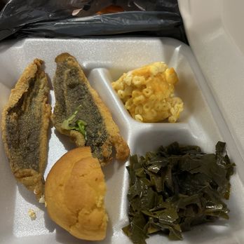 Freshwaters - This was my leftovers. Flounder, collard greens, mac and cheese with corn bread. - Southern Near Me - Charlotte, North Carolina