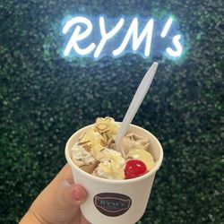 RYM’s Boba & Rolls - Rocky Road rolled ice cream with a cherry and additional topping of condensed milk