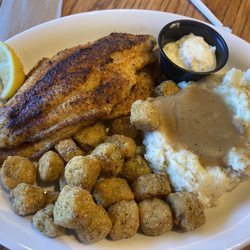 Cracker Barrel Old Country Store - Us U.S. Farm-Raised Grilled Catfish - 2 Pieces Fried Okra Mashed Potatoes w/Brown Gravy
