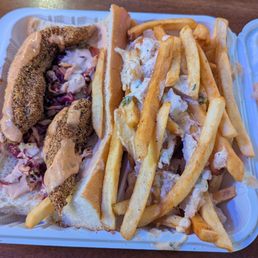 Frozen crab fries and 2 piece catfish po boy. Frozen crab fries and 2 piece catfish po boy.