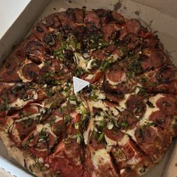 Large pepperoni with white onion and green bell peppers Large pepperoni with white onion and green bell peppers