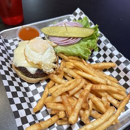 Burger & Fries combo, with an egg add-on. Burger & Fries combo, with an egg add-on.