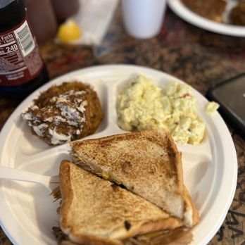 Barrel House BBQ - Grilled cheese on crack with side of potato salad and sweet potato casserole. - Barbeque Near Me - Lynchburg, Tennessee