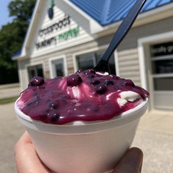 Crossroads Blueberry Market - a hand holding a bowl of blueberry yogurt - Bakeries Near Me - West Olive, Michigan Crossroads Blueberry Market - a hand holding a bowl of blueberry yogurt - Bakeries Near Me - West Olive, Michigan