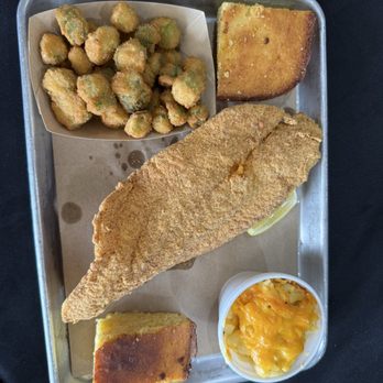 Mamma Lou’s - Catfish with okra, Mac & cheese and cornbread - Soul Food Near Me - Windcrest, Texas
