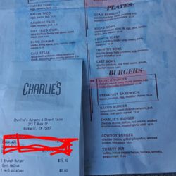 Charlie's Burgers and Street Tacos - Menu