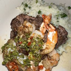 Sala Nola - Petit filet and grilled shrimp + chimichurri, rice