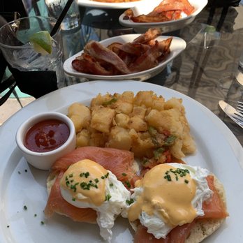 Perch - Smoked Salmon Benedict with a side of bacon - Lounges Near Me - Los Angeles, California Perch - Smoked Salmon Benedict with a side of bacon - Lounges Near Me - Los Angeles, California