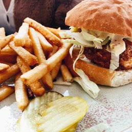 a chicken sandwich and french fries