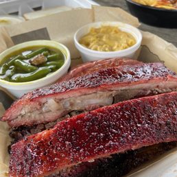Ribs, brisket, sausage, green beans and Mac and cheese