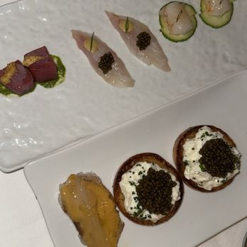 Marea Beverly Hills - Bruschetta with Caviar, Acciughe (sea urchin), Assaiggio Di Tri (toro, yellowtail, and longostino - Italian Near Me - Beverly Hills, California
