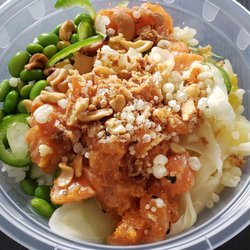 Poke Bros - Romeoville - My custom poke bowl ($13) has spicy salmon, edamame, jalapeno, ginger, pineapple, tobiko, tempura, and lots more!