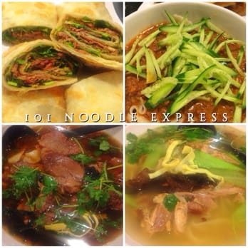 101 Noodle Express - Top left to bottom right: Beef Rolls, Dan Dan Noodles, Spicy Beef Soup, Chicken Noodle Soup. - Chinese Near Me - Alhambra, California