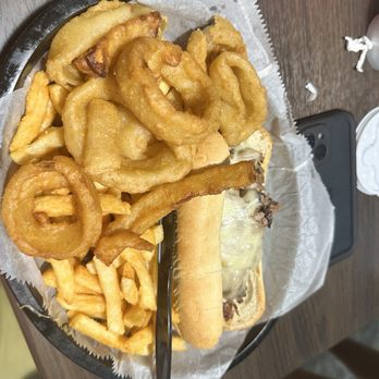 hu-bs - Philly cheese with French fries and onion rings - New American Near Me - Kuttawa, Kentucky