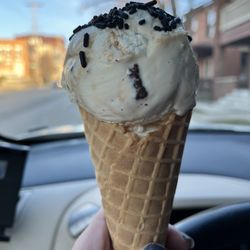 CRMD - Caramel chocolate pretzel on a waffle cone.