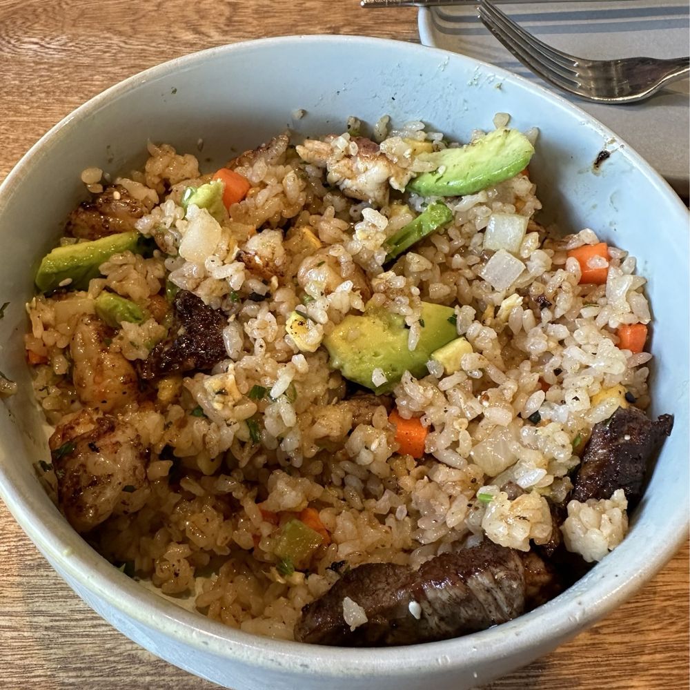 Quince Riverside - MIXED YAKIMESHI chicken, shrimp, beef, fried rice, broccoli, bean sprouts, egg, soy sauce, cracked pepper, avocado, sesame seeds and chives - Desserts Near Me - Fort Worth, Texas Quince Riverside - MIXED YAKIMESHI chicken, shrimp, beef, fried rice, broccoli, bean sprouts, egg, soy sauce, cracked pepper, avocado, sesame seeds and chives - Desserts Near Me - Fort Worth, Texas